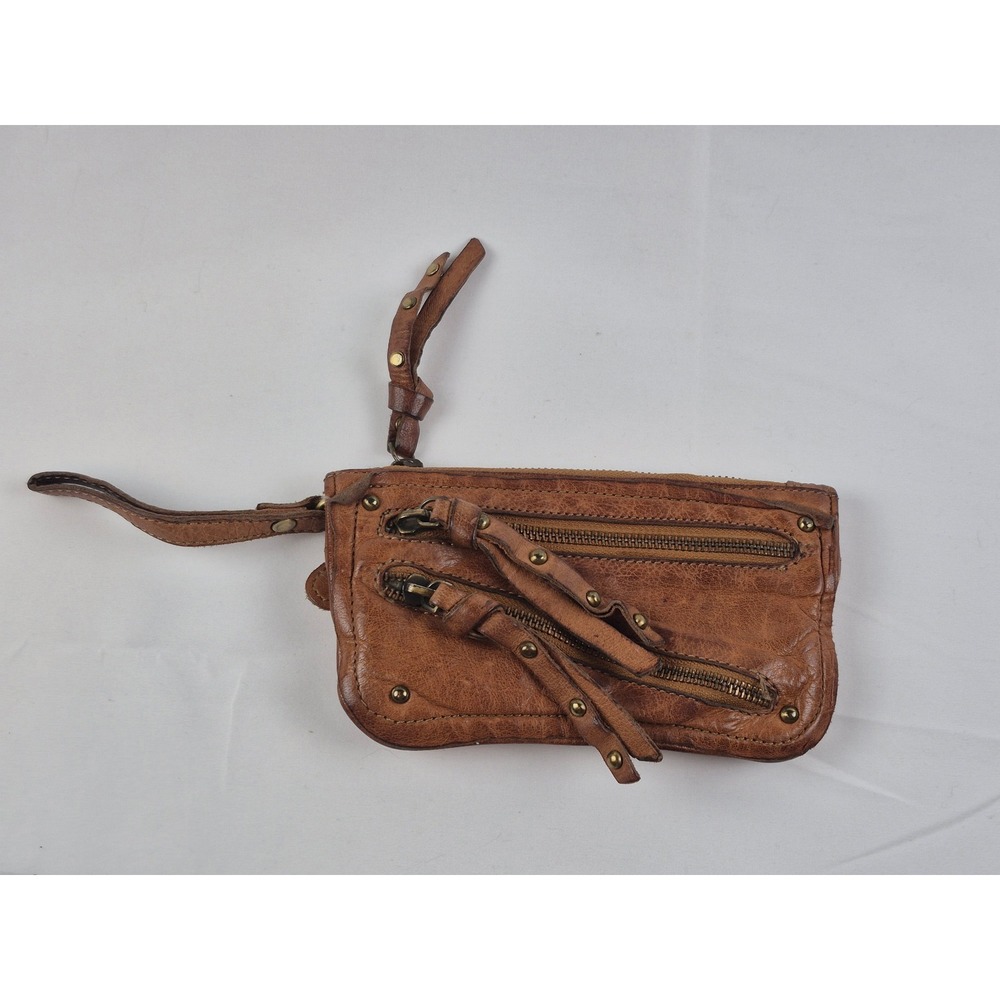 Free People Brown Distressed Leather Wristlet Wallet Boho Zipper Studded Small